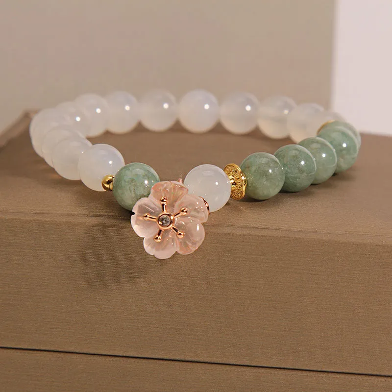 White agate and pink jade floral bracelet with adjustable beads for women
