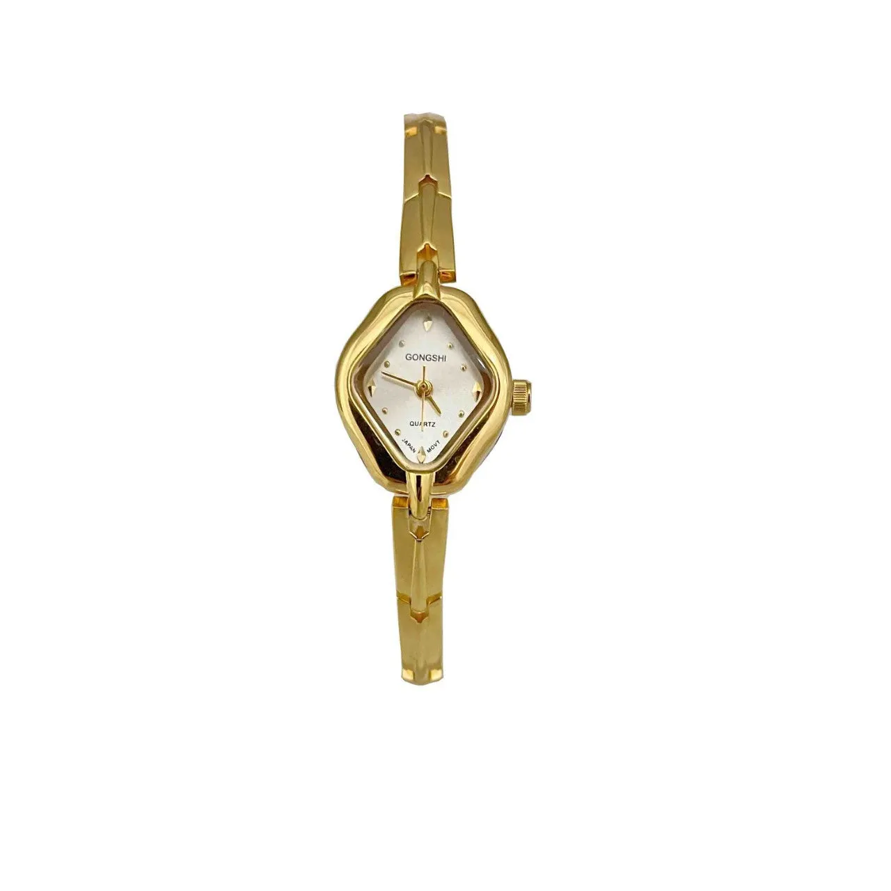 Ladies diamond fashion watch with gold or silver finish and chain strap, showing 7mm thickness and mineral glass face