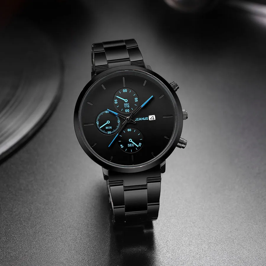 Men's quartz watch with three-eye calendar display, alloy band, black blue colour, slim 10mm thickness