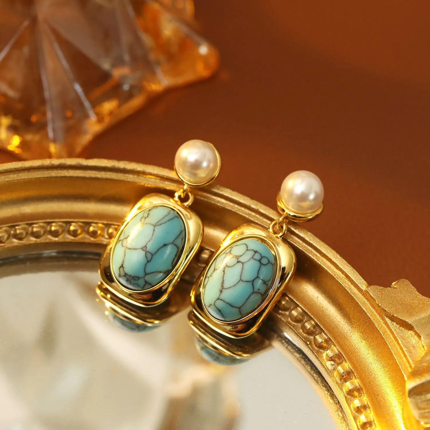 French vintage oval turquoise pearl earrings 18K gold electroplate copper geometric drop with silver needle