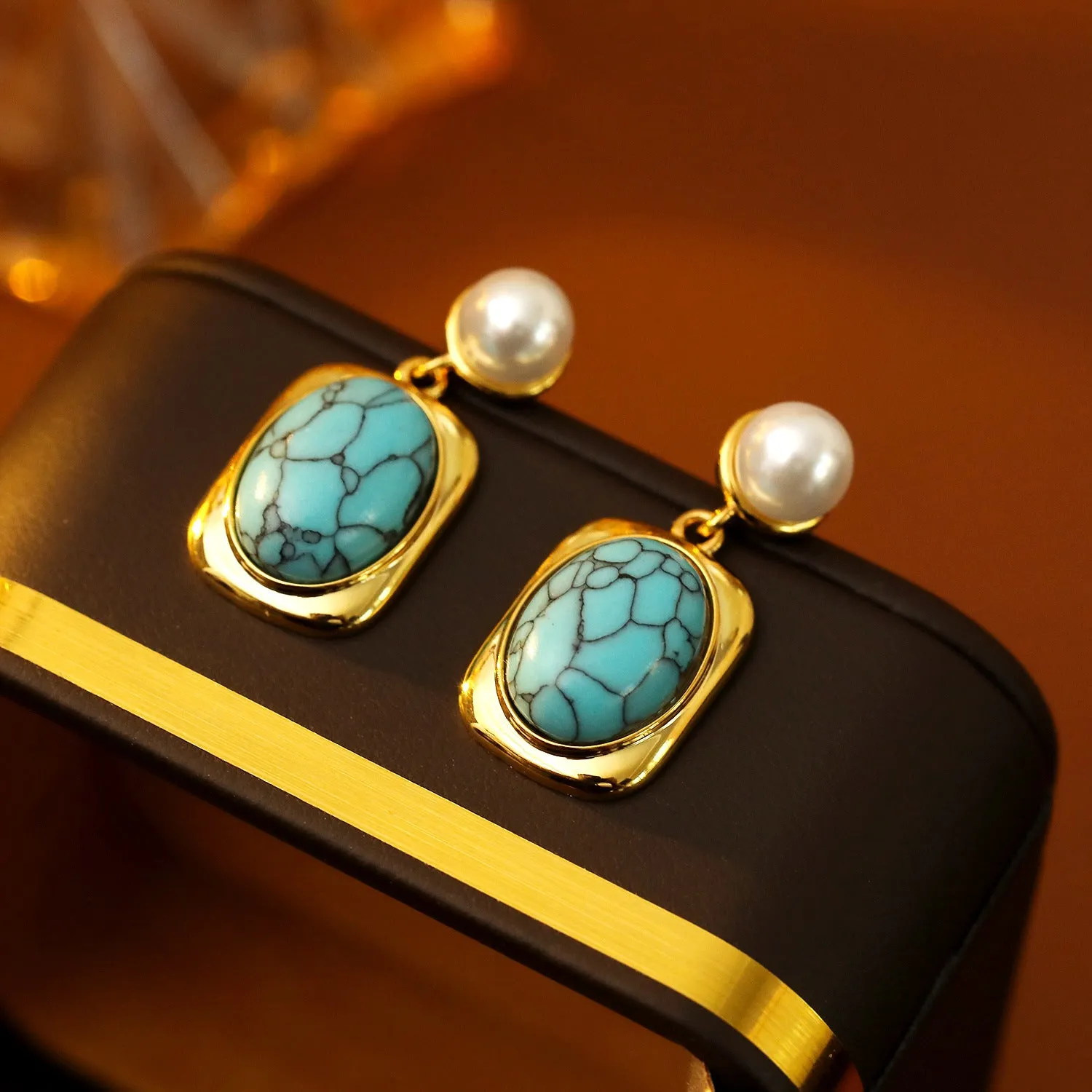 French vintage oval turquoise pearl earrings 18K gold electroplate copper geometric drop with silver needle