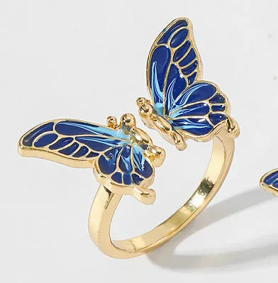Butterfly-shaped pearl ring in imitation gold on adjustable alloy band