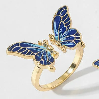 Butterfly-shaped pearl ring in imitation gold on adjustable alloy band