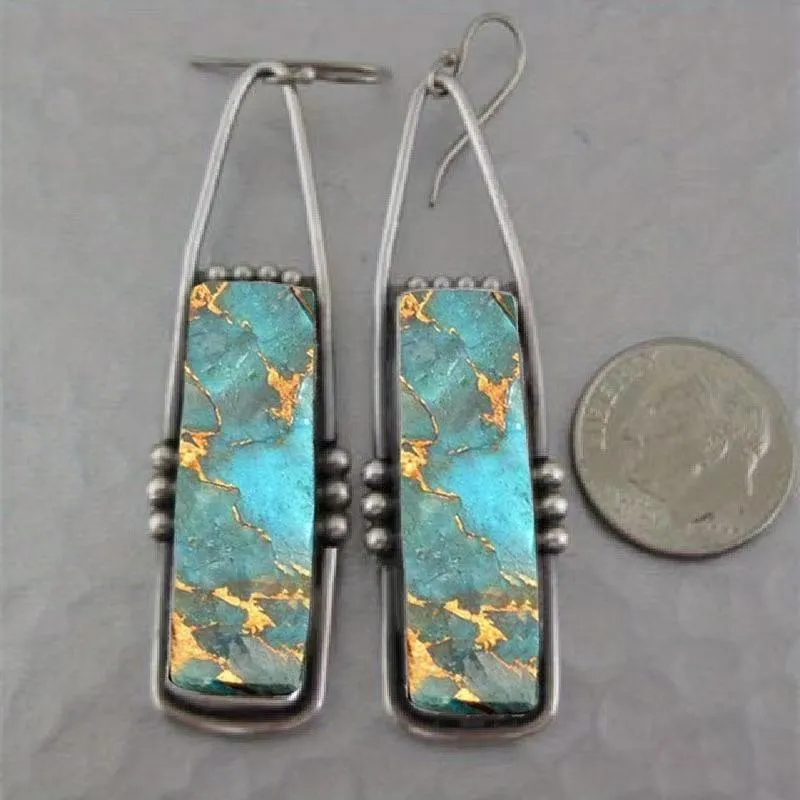 Retro patterned bohemian geometric zinc alloy drop earrings with drip glue finish, colour ER-36, 10g