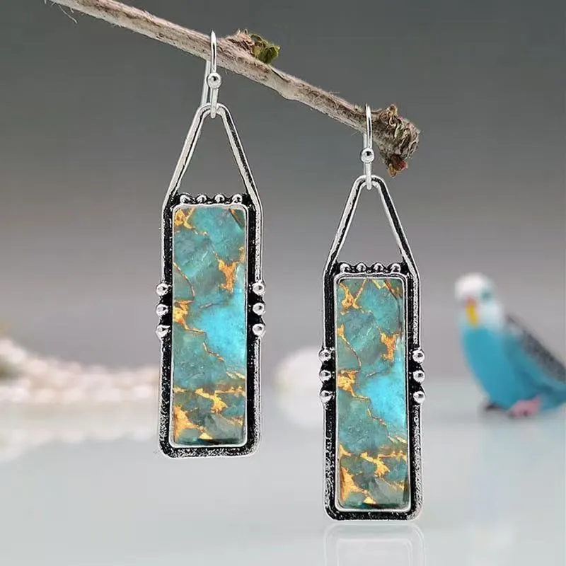 Retro patterned bohemian geometric zinc alloy drop earrings with drip glue finish, colour ER-36, 10g