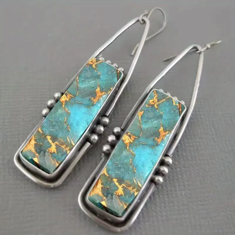 Retro patterned bohemian geometric zinc alloy drop earrings with drip glue finish, colour ER-36, 10g
