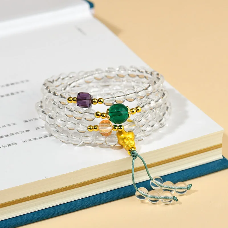 White crystal geometric bead 108 rosary bracelet laid flat, showcasing its unisex ethnic style design.