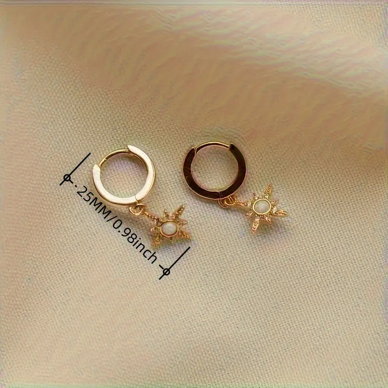 Gold eight-pointed star opal earrings for women, copper base, geometric drop style