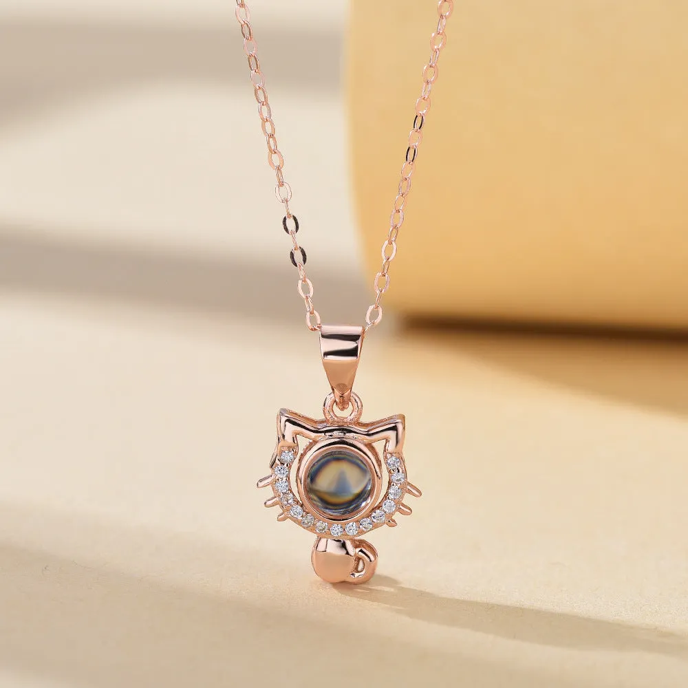 I Love Your Cat Photo Customized Projection Necklace 925 silver pendant with cat photo customisation in white gold finish