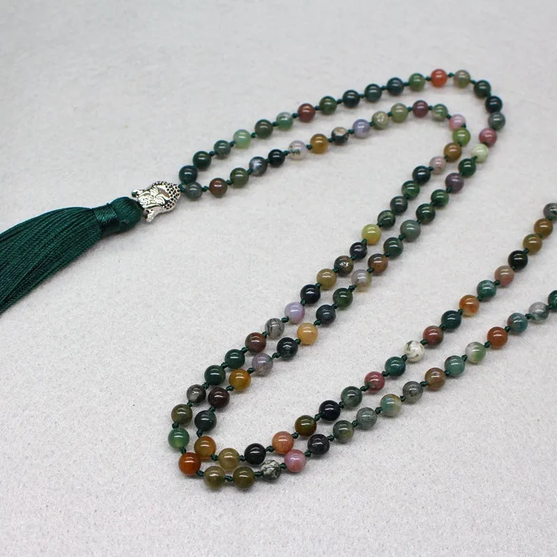 108-bead natural India agate necklace with 6mm geometric stone beads.