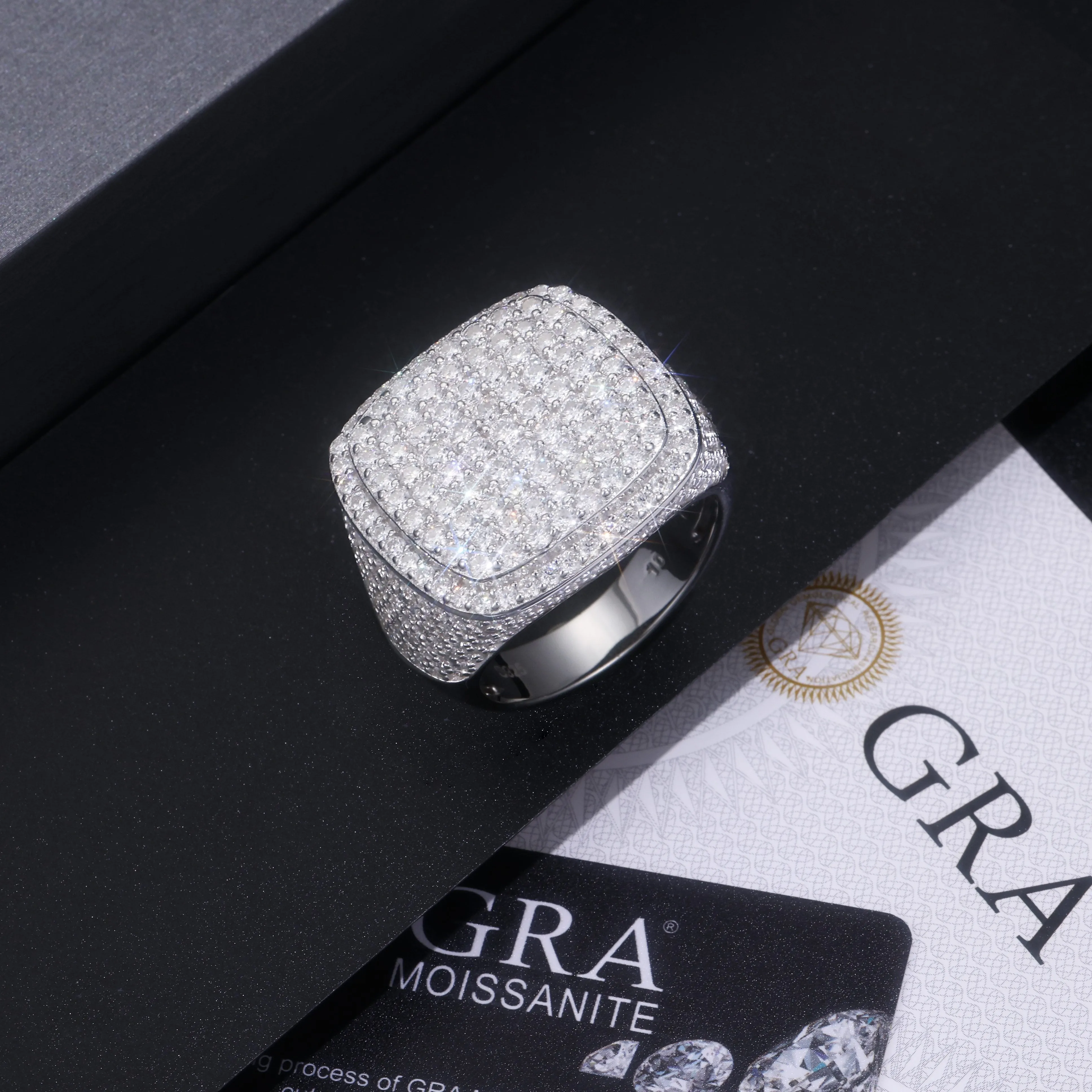 Royal Square Diamond men's ring with square moissanite stone, S925 silver, platinum plated, on white background