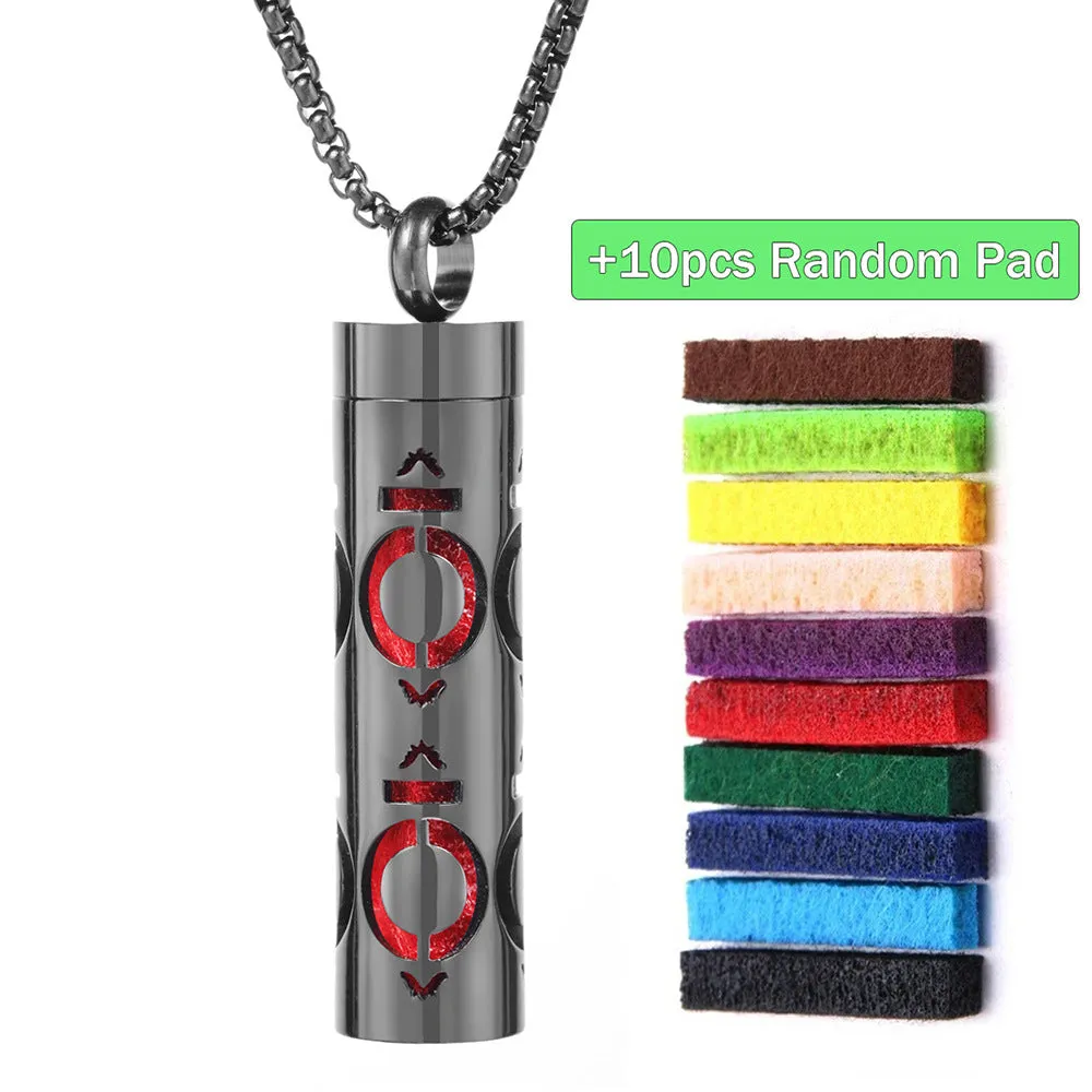 Stainless steel cylindrical heart-shaped hollow pendant necklace on a chain with geometric design