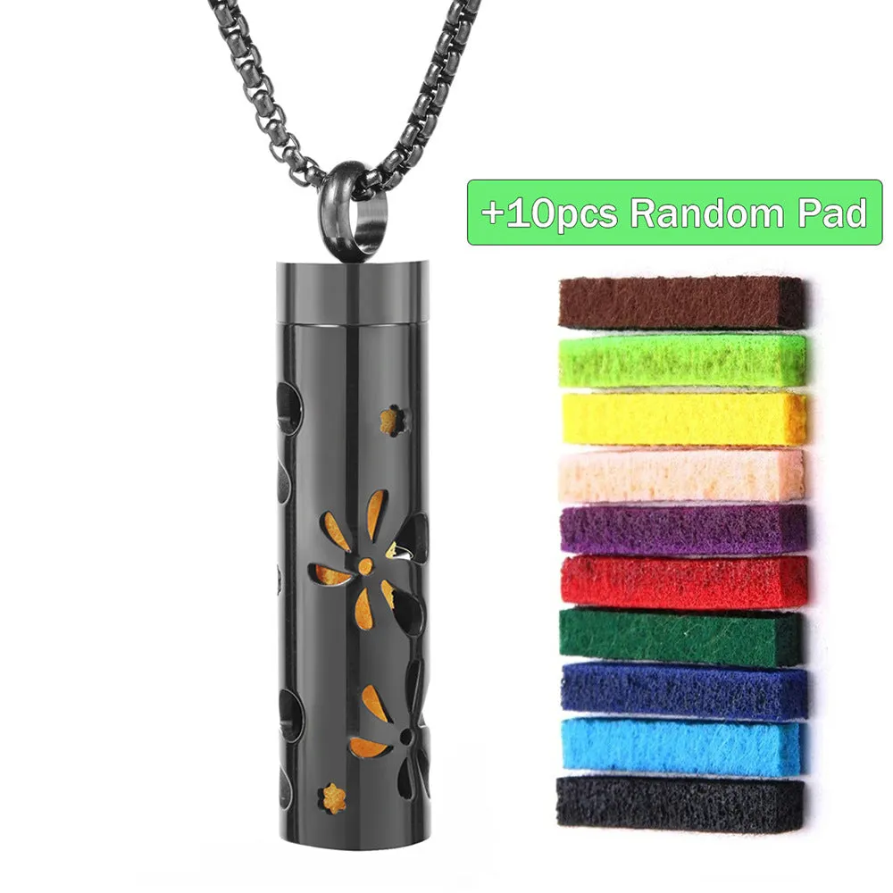 Stainless steel cylindrical heart-shaped hollow pendant necklace on a chain with geometric design