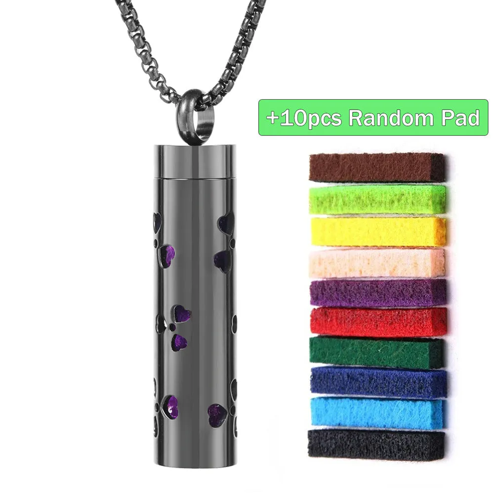 Stainless steel cylindrical heart-shaped hollow pendant necklace on a chain with geometric design