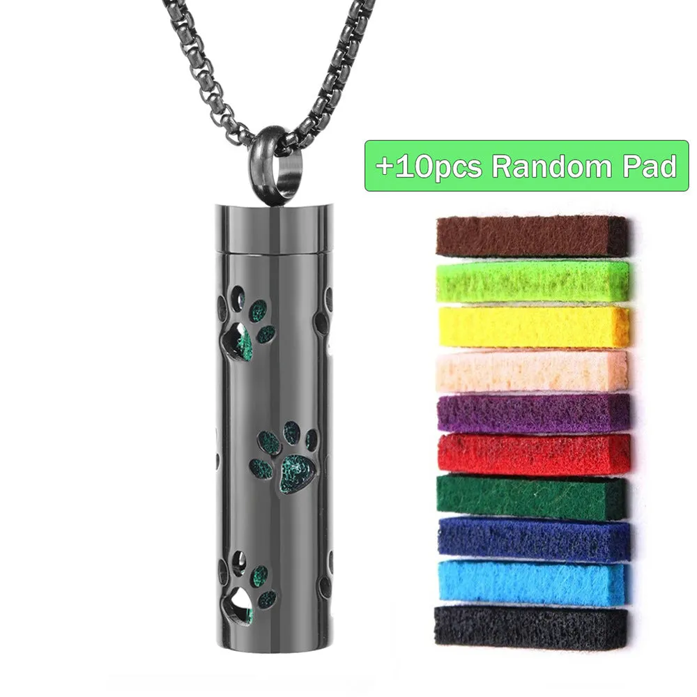 Stainless steel cylindrical heart-shaped hollow pendant necklace on a chain with geometric design