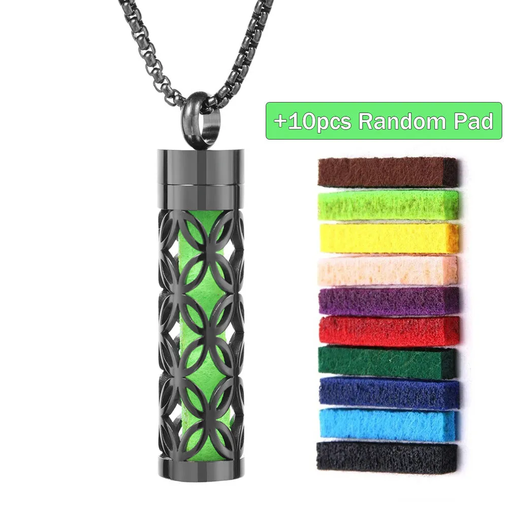 Stainless steel cylindrical heart-shaped hollow pendant necklace on a chain with geometric design