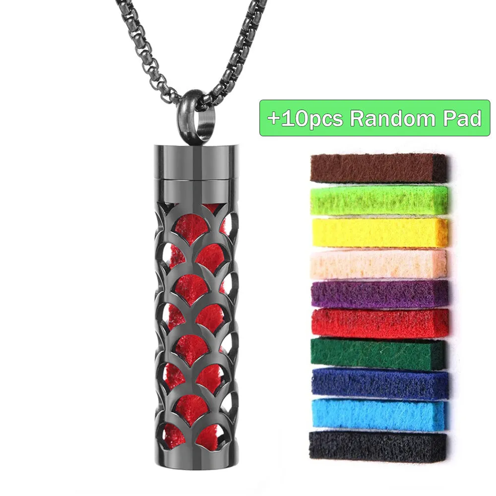Stainless steel cylindrical heart-shaped hollow pendant necklace on a chain with geometric design