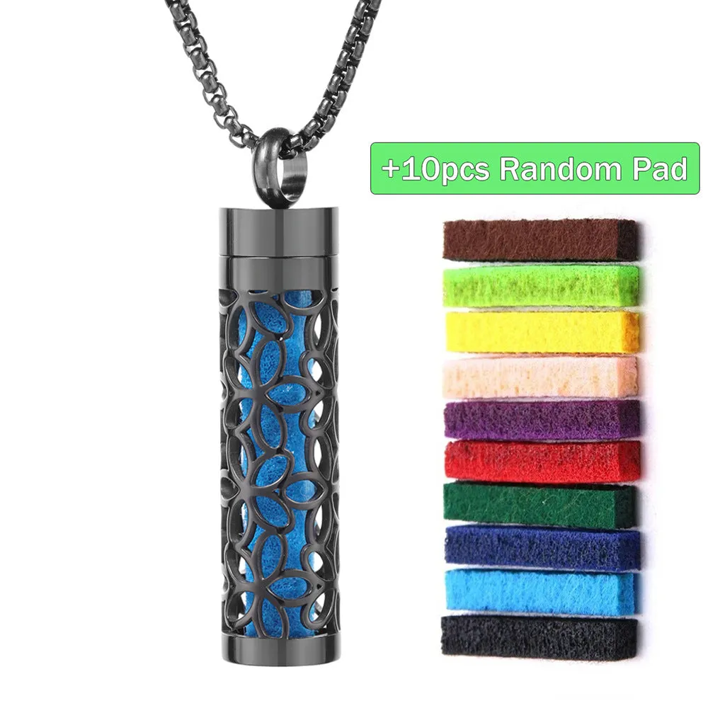 Stainless steel cylindrical heart-shaped hollow pendant necklace on a chain with geometric design
