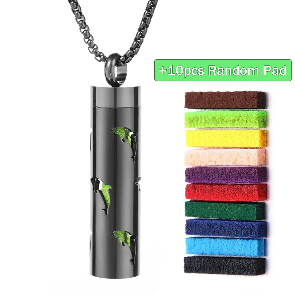 Stainless steel cylindrical heart-shaped hollow pendant necklace on a chain with geometric design