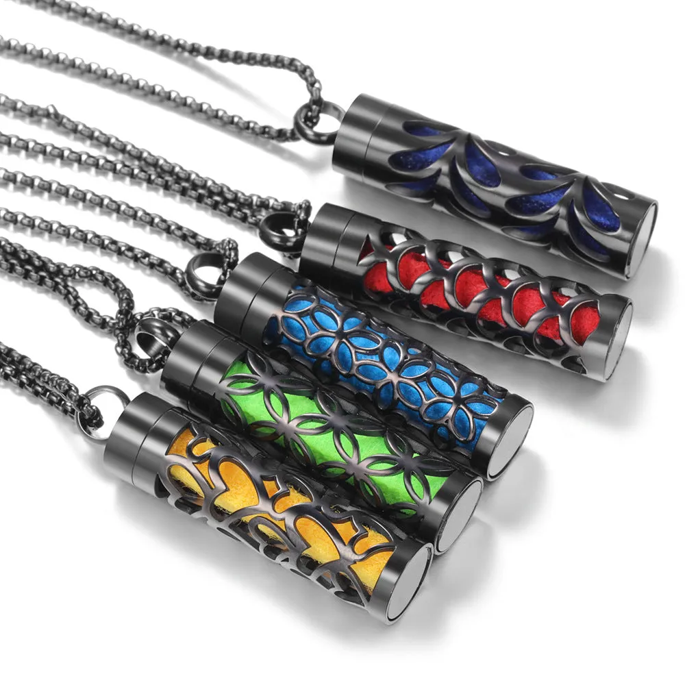 Stainless steel cylindrical heart-shaped hollow pendant necklace on a chain with geometric design