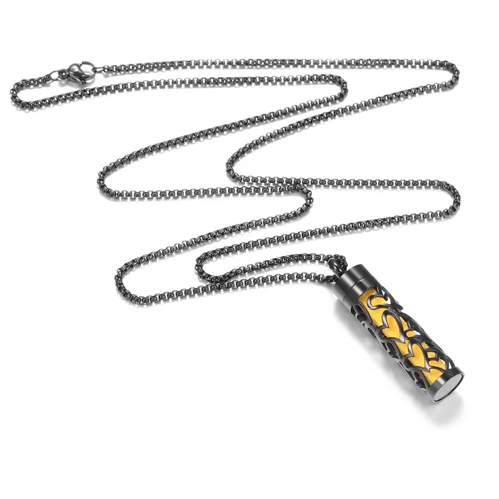 Stainless steel cylindrical heart-shaped hollow pendant necklace on a chain with geometric design