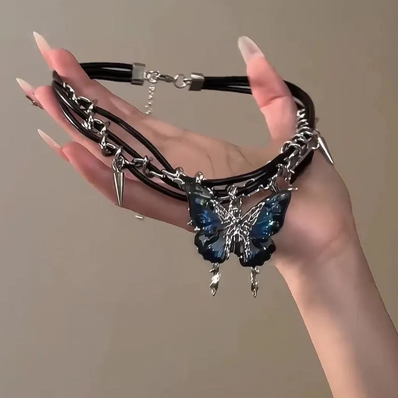 Alloy geometric necklace with electroplated finish in gradient butterfly colour on regular chain