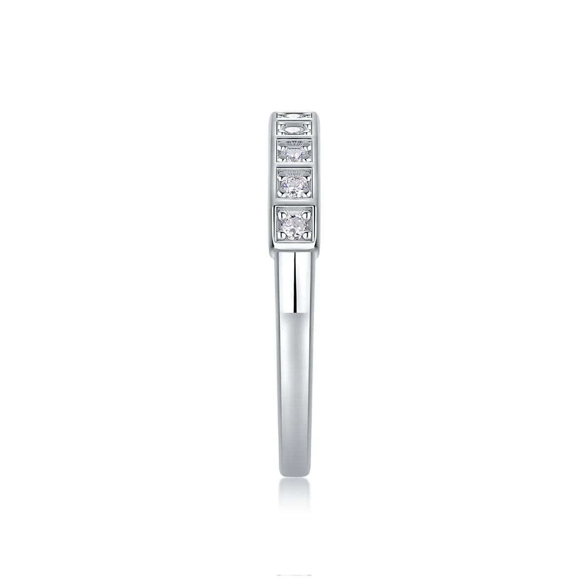 Moissanite wedding ring set on white background, S925 silver platinum plated, less than 0.1 carat stone