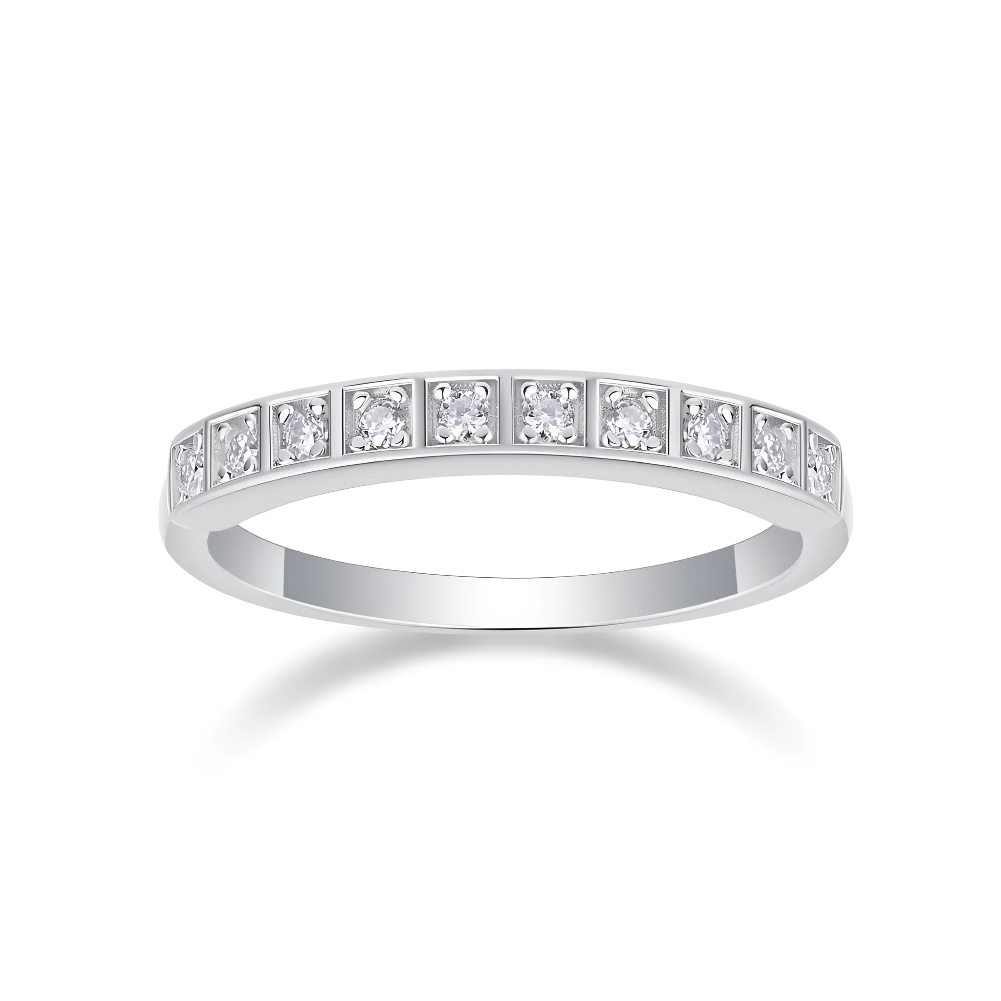 Moissanite wedding ring set on white background, S925 silver platinum plated, less than 0.1 carat stone