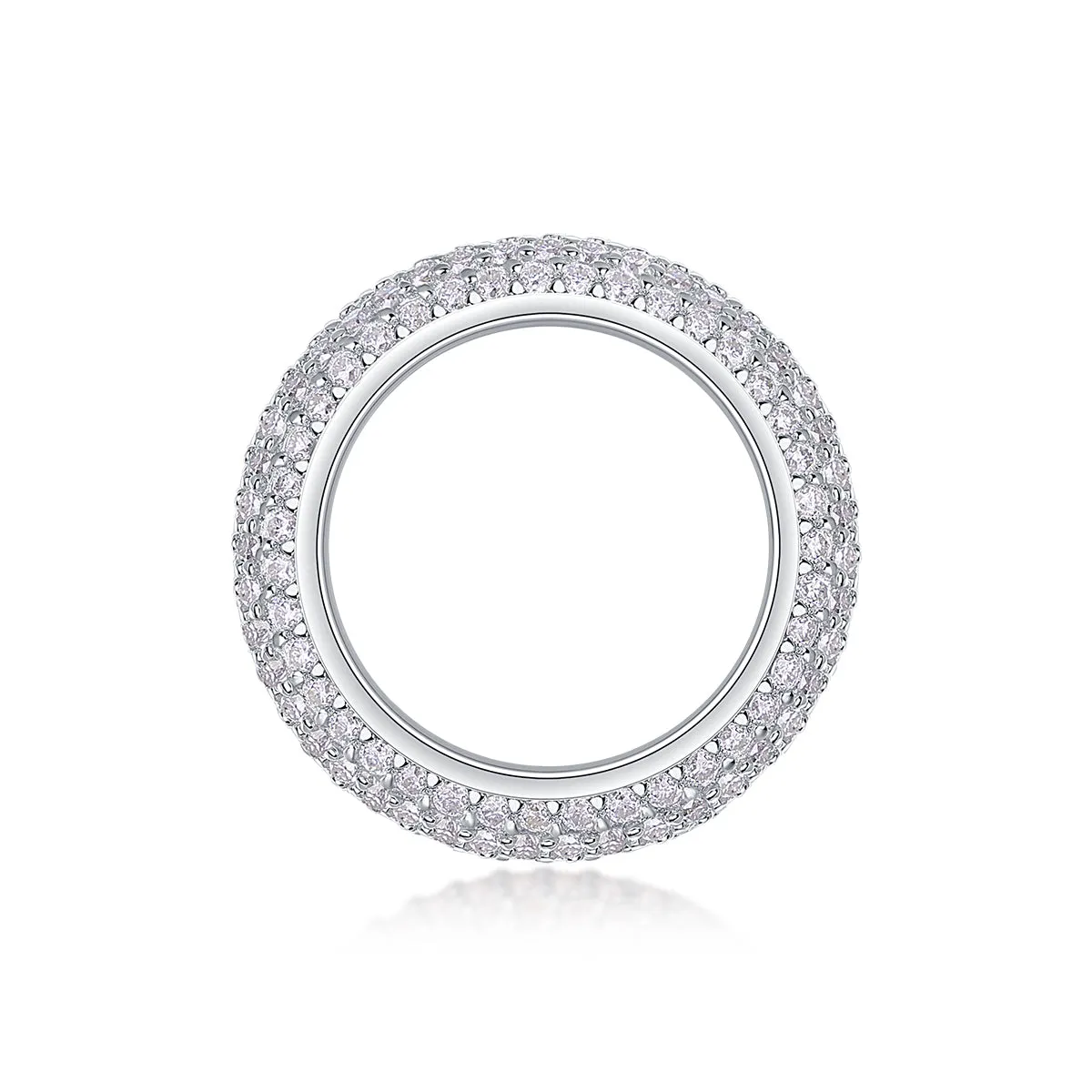 Moissanite wedding ring with S925 silver platinum plated band on flat surface showing stone and certificate