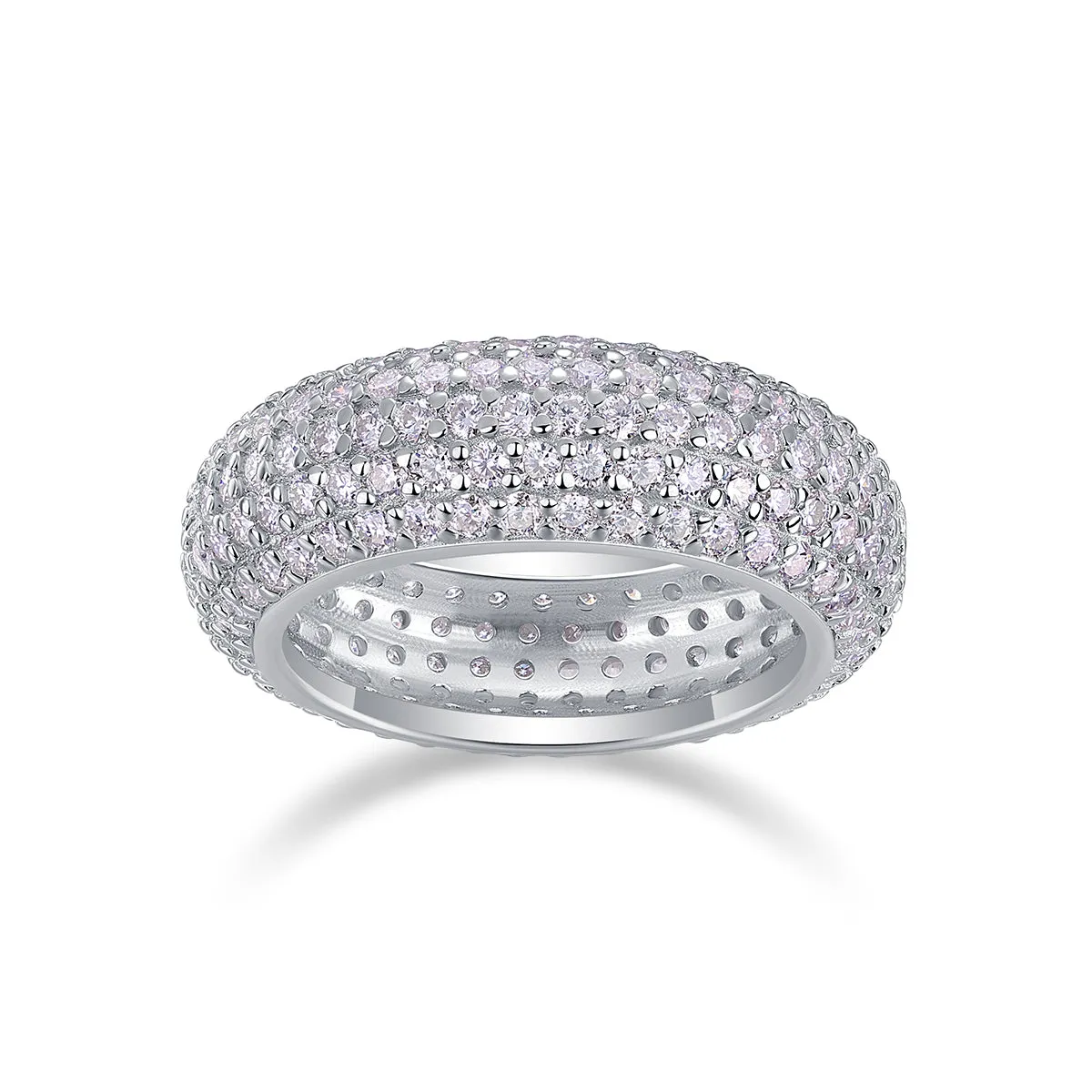 Moissanite wedding ring with S925 silver platinum plated band on flat surface showing stone and certificate