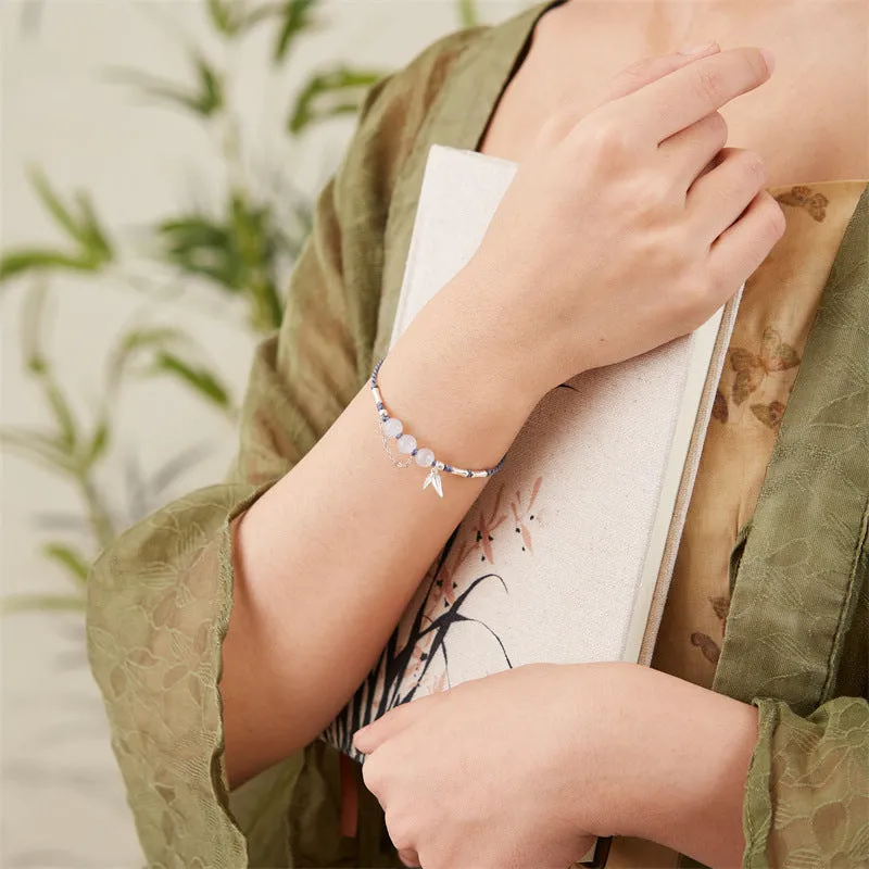 Hetian jade diamond-shaped bracelet with woven strap in light green or haze blue chalcedony