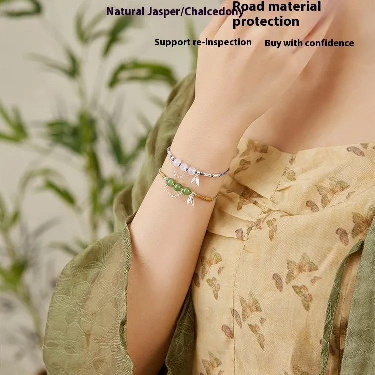 Hetian jade diamond-shaped bracelet with woven strap in light green or haze blue chalcedony