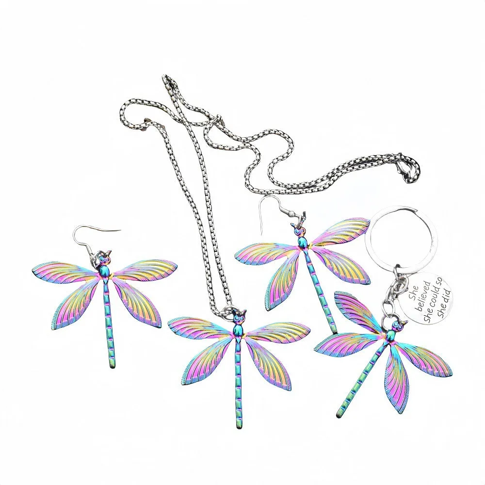 Rainbow-coloured alloy dragonfly keychain keyring with 60cm snake chain necklace and earrings set
