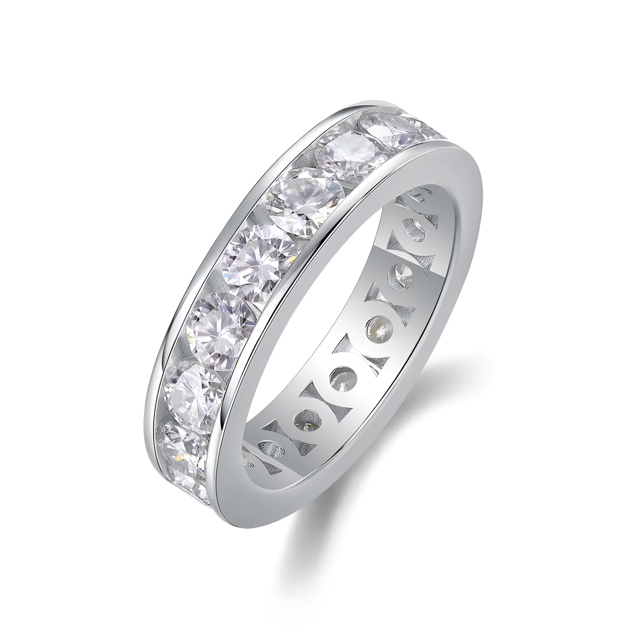 Large star moissanite wedding ring in S925 silver with platinum plating on white background