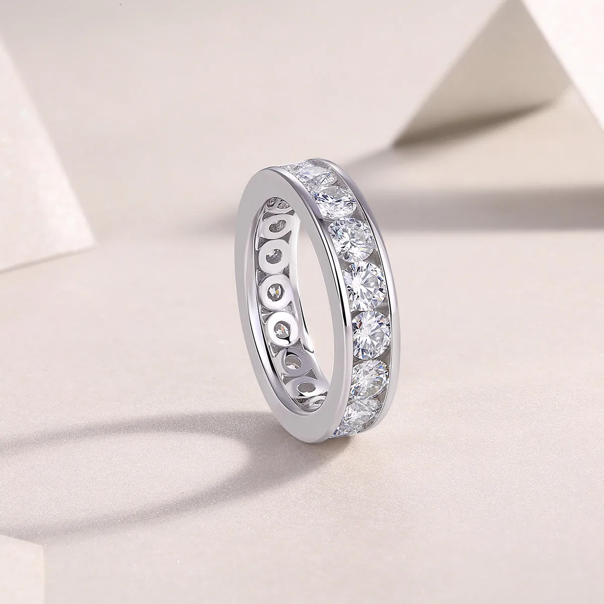 Large star moissanite wedding ring in S925 silver with platinum plating on white background