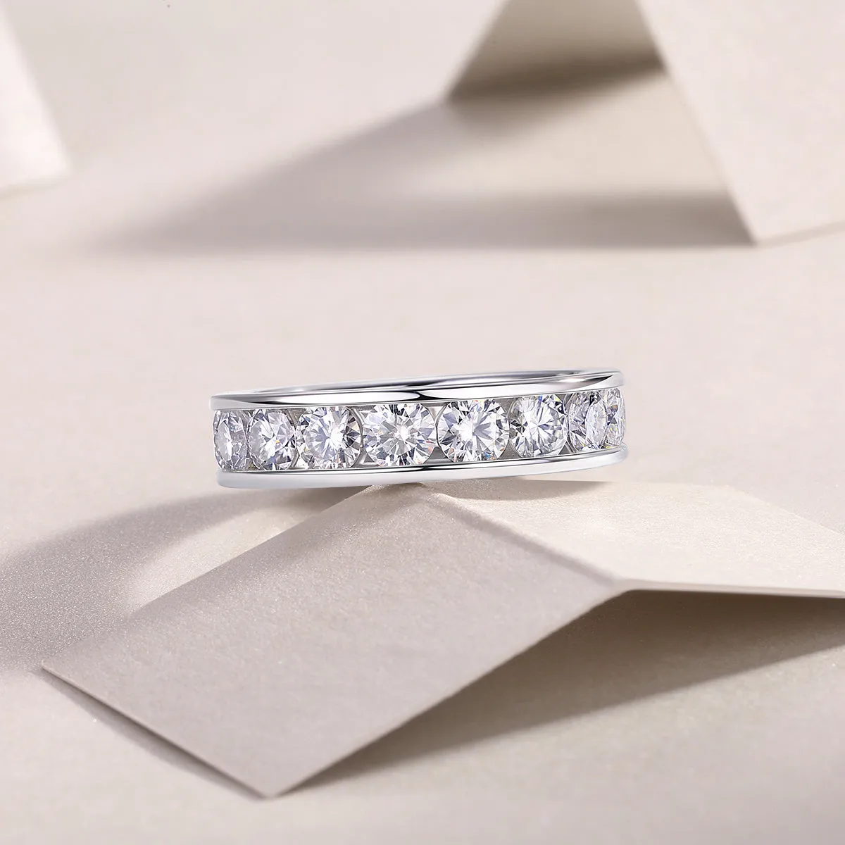 Large star moissanite wedding ring in S925 silver with platinum plating on white background