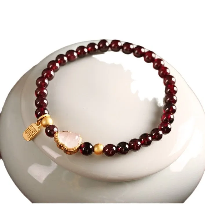 Women's Chinese-style gourd bracelet with imitation garnet beads and electroplated finish