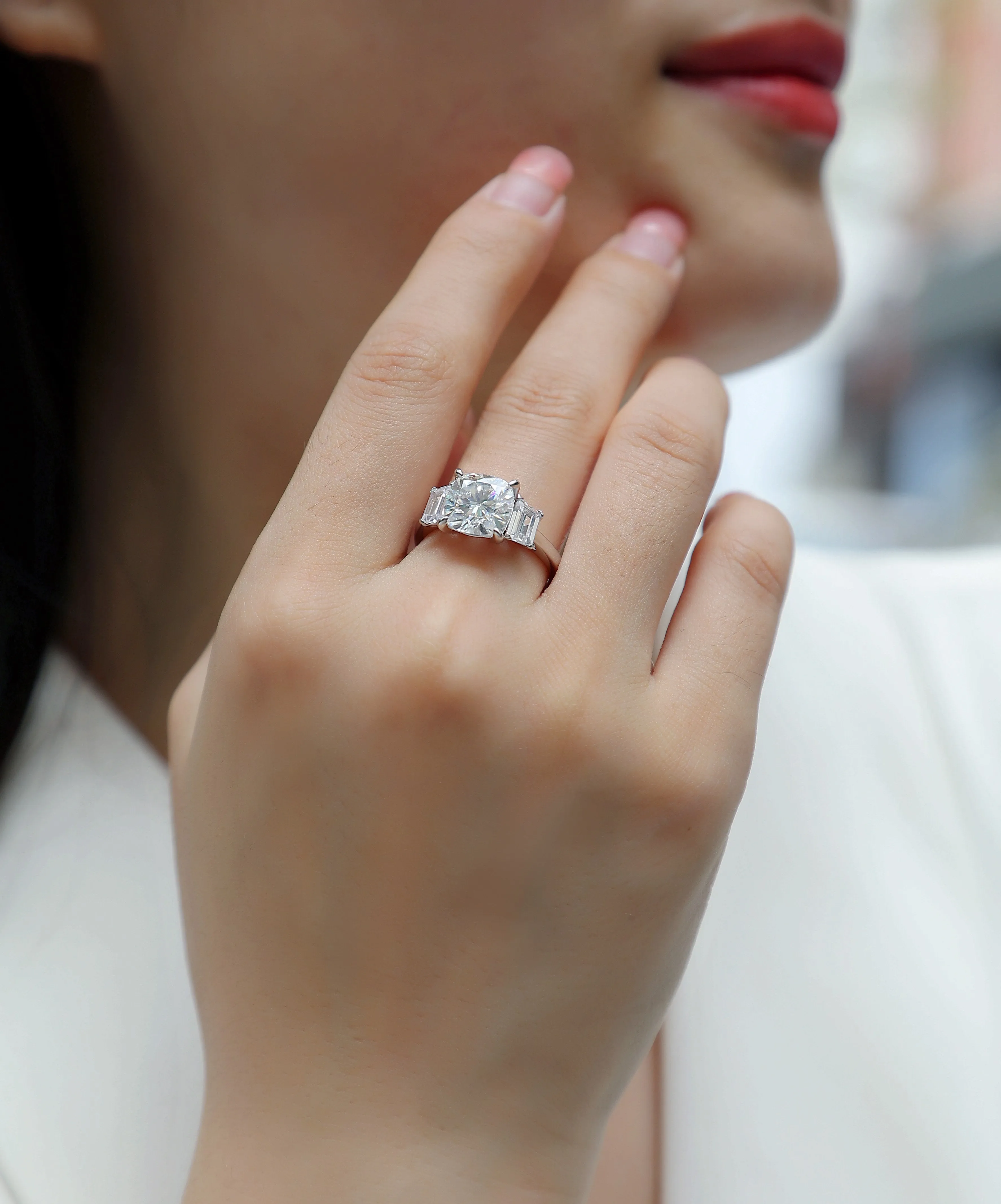Moissanite wedding ring set with square cut 9x9 stone in platinum-plated S925 silver, gift box packaging