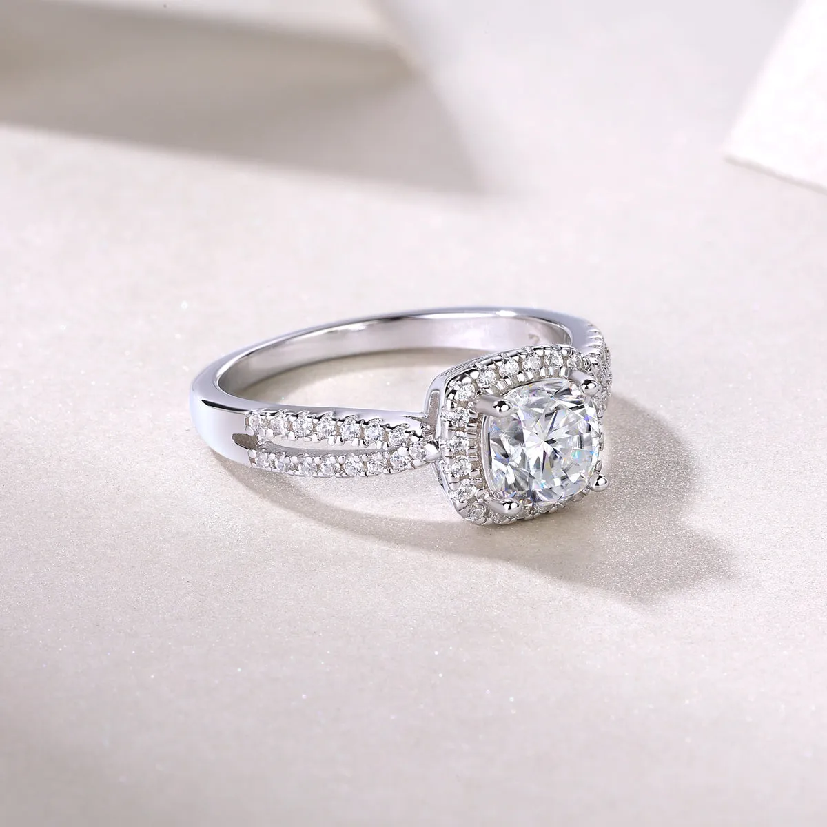Moissanite wedding ring set with square 6x6mm stone, platinum plated S925 silver, in gift box with GRA certificate