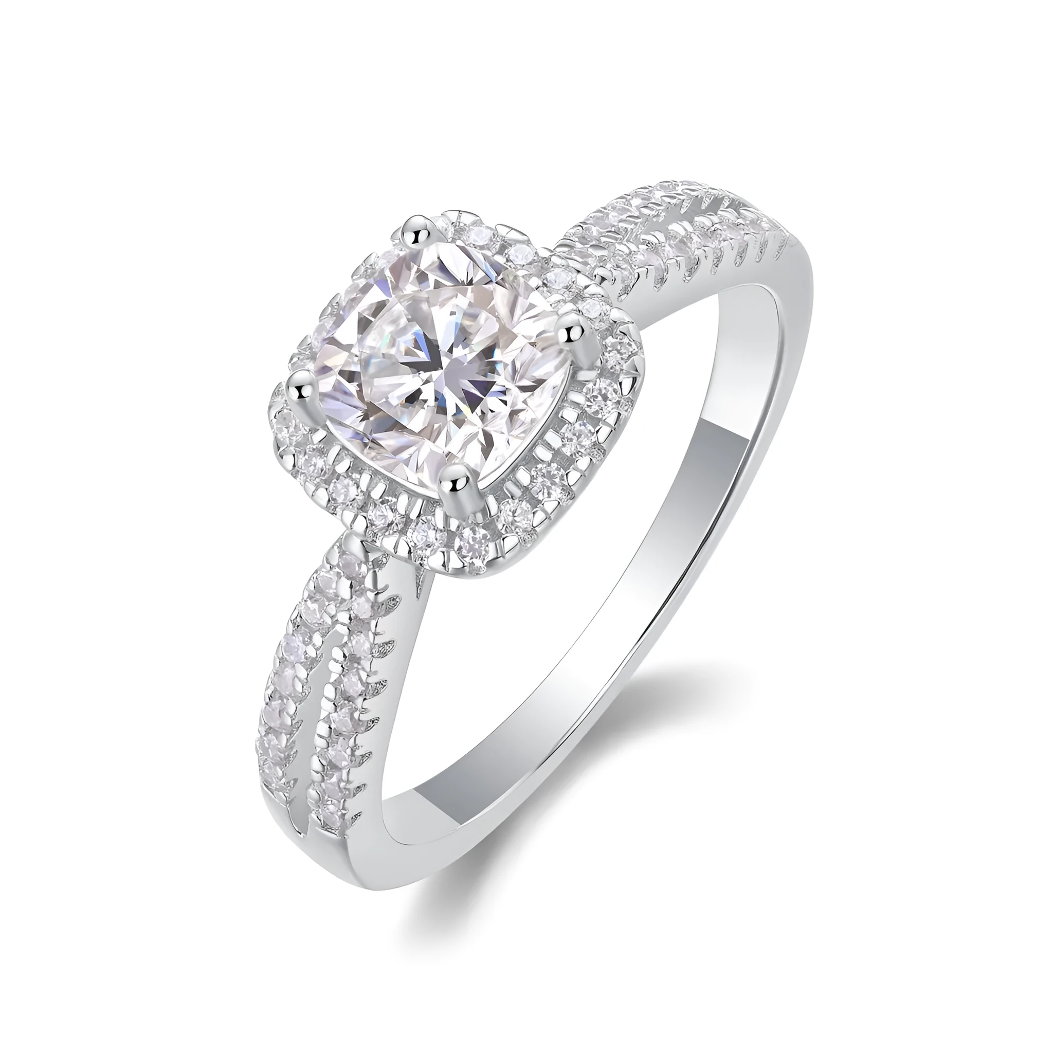 Moissanite wedding ring set with square 6x6mm stone, platinum plated S925 silver, in gift box with GRA certificate