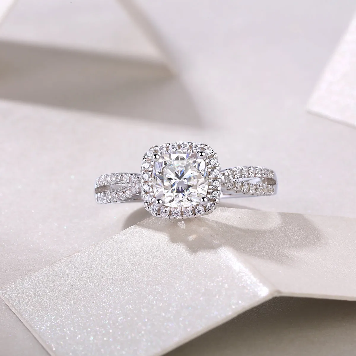Moissanite wedding ring set with square 6x6mm stone, platinum plated S925 silver, in gift box with GRA certificate