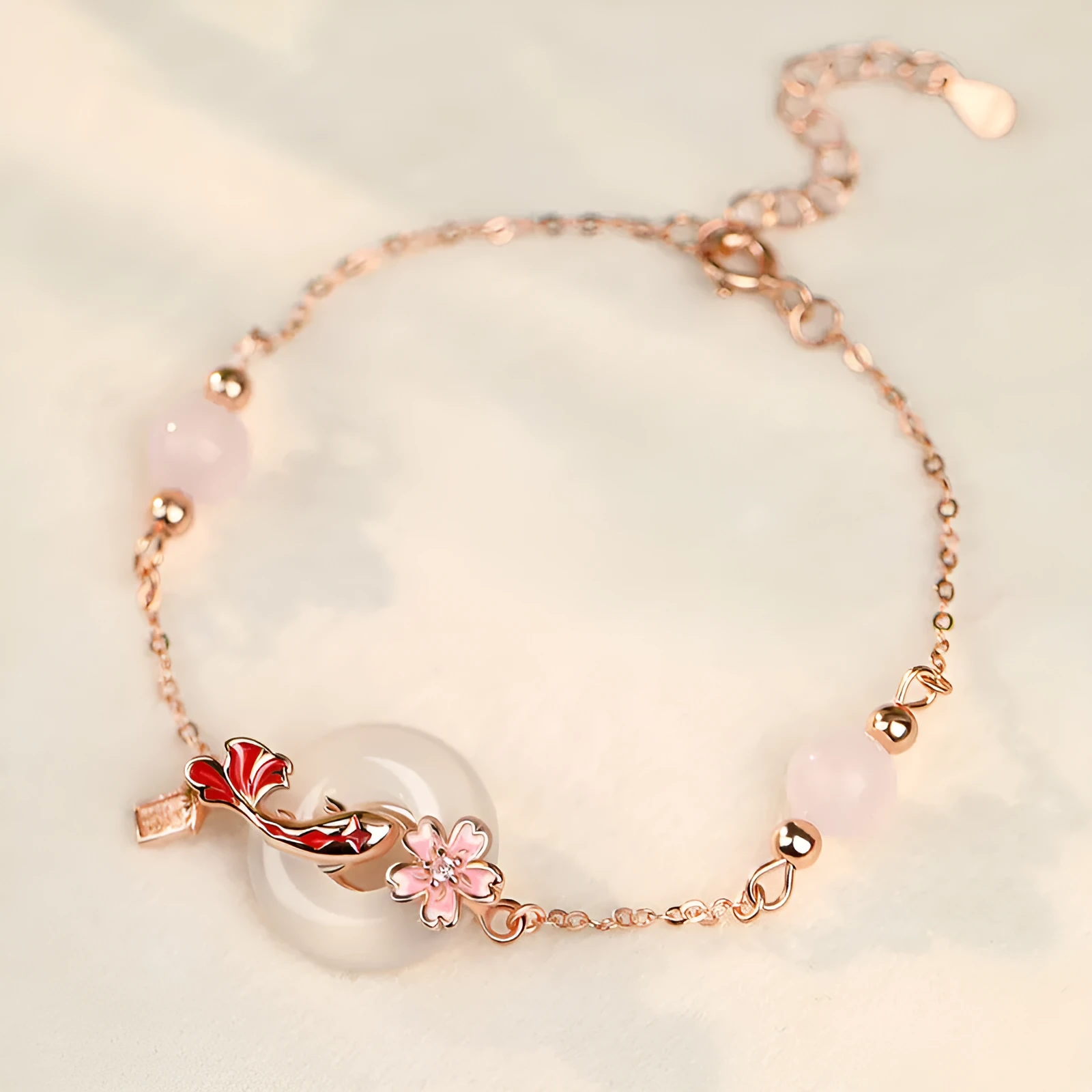 S925 sterling silver new Chinese style bracelet with floral design, white chalcedony crystals and koi details