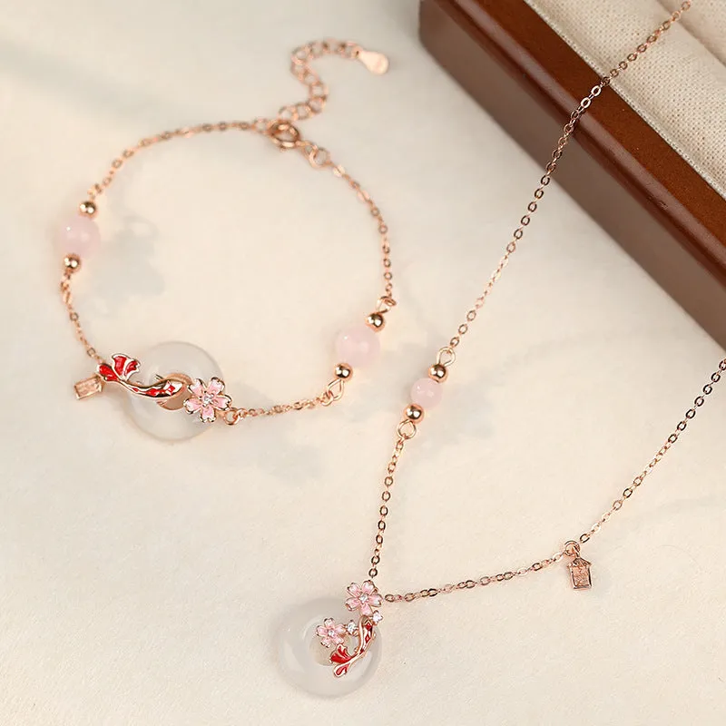 S925 sterling silver new Chinese style bracelet with floral design, white chalcedony crystals and koi details