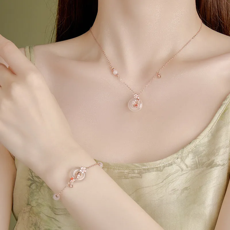 S925 sterling silver new Chinese style bracelet with floral design, white chalcedony crystals and koi details