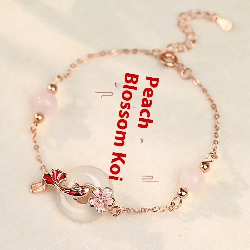 S925 sterling silver new Chinese style bracelet with floral design, white chalcedony crystals and koi details