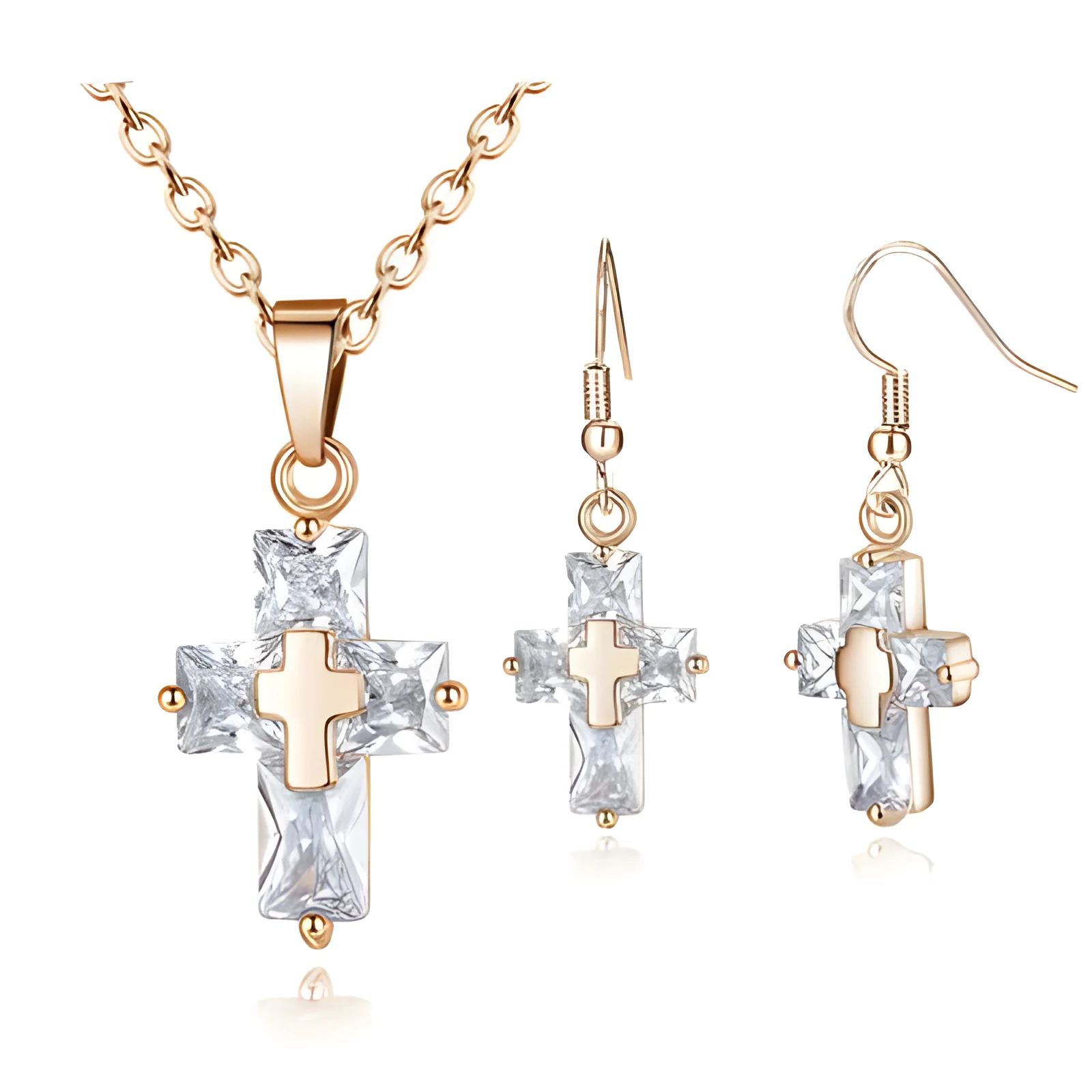 Gold cross pendant and matching stud earrings set on a light background showing compact 1.2 x 2.2 cm pendant and 3.3 x 1.2 cm studs