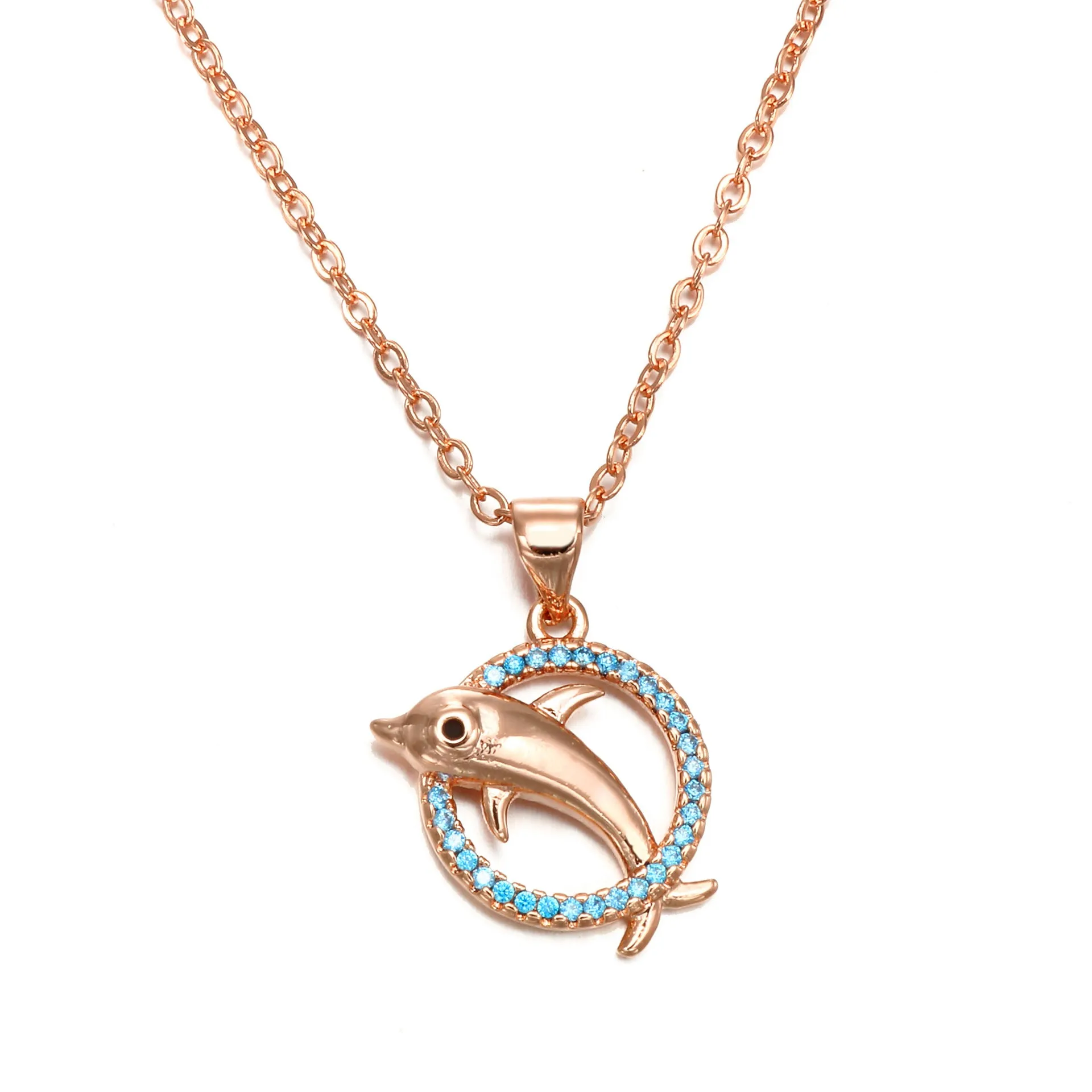 Romantic copper dolphin pendant necklace in rose gold on white background