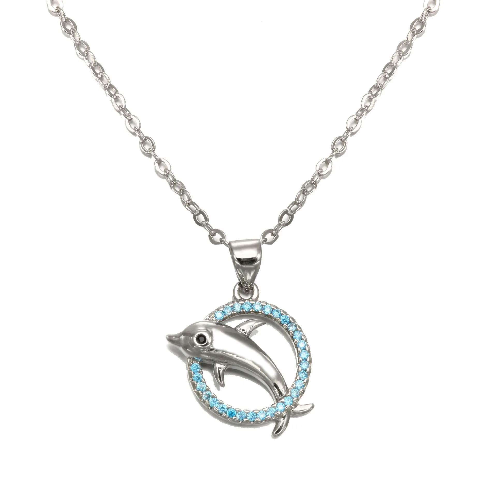 Romantic copper dolphin pendant necklace in rose gold on white background