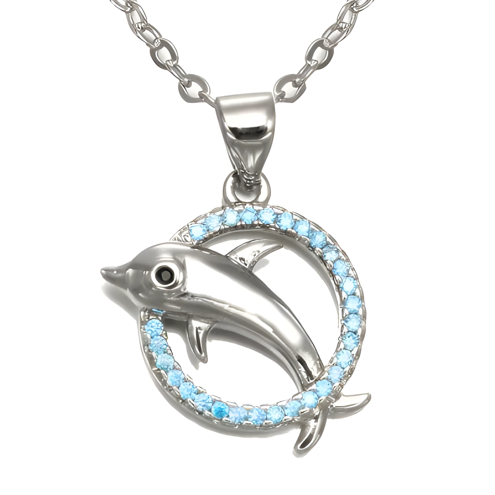 Romantic copper dolphin pendant necklace in rose gold on white background