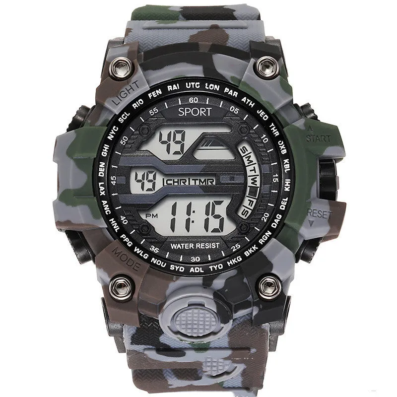 Men's sports watch with large dial, waterproof to 10m, digital display, available in blue
